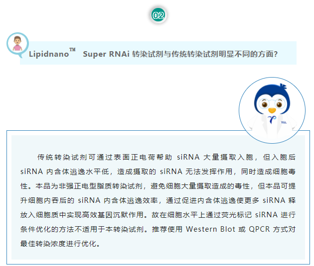 Lipidnano™Super RNAi转染试剂与传统转染试剂明显不同的方面？传统转染试剂可通过表面正电荷帮助 siRNA 大量摄取入胞，但入胞后 siRNA 内含体逃逸水平低，造成摄取的 siRNA 无法发挥作用，同时造成细胞毒性。本品为非强正电型脂质转染试剂，避免细胞大量摄取造成的毒性，但本品可提升细胞内吞后的 siRNA 内含体逃逸效率，通过促进内含体逃逸使更多 siRNA 释放入细胞质中实现高效基因沉默作用。故在细胞水平上通过荧光标记 siRNA 进行条件优化的方法不适用于本转染试剂。推荐使用 Western Blot 或 QPCR 方式对最佳转染浓度进行优化。